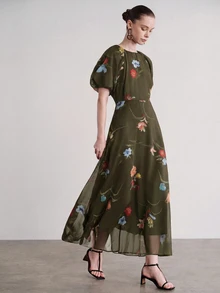Aveloria Modichic Women's Chiffon Colorful Floral Print Raglan Sleeve Round Neck Short Sleeve Cinched Waist Elegant Long Dress - Dark Green - View 4