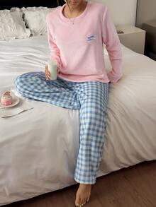 Napfluff Pullover Flanel Warna Polos, Celana Lengan Panjang Motif Kotak-kotak, Pakaian Santai - MultiWarna - View 3
