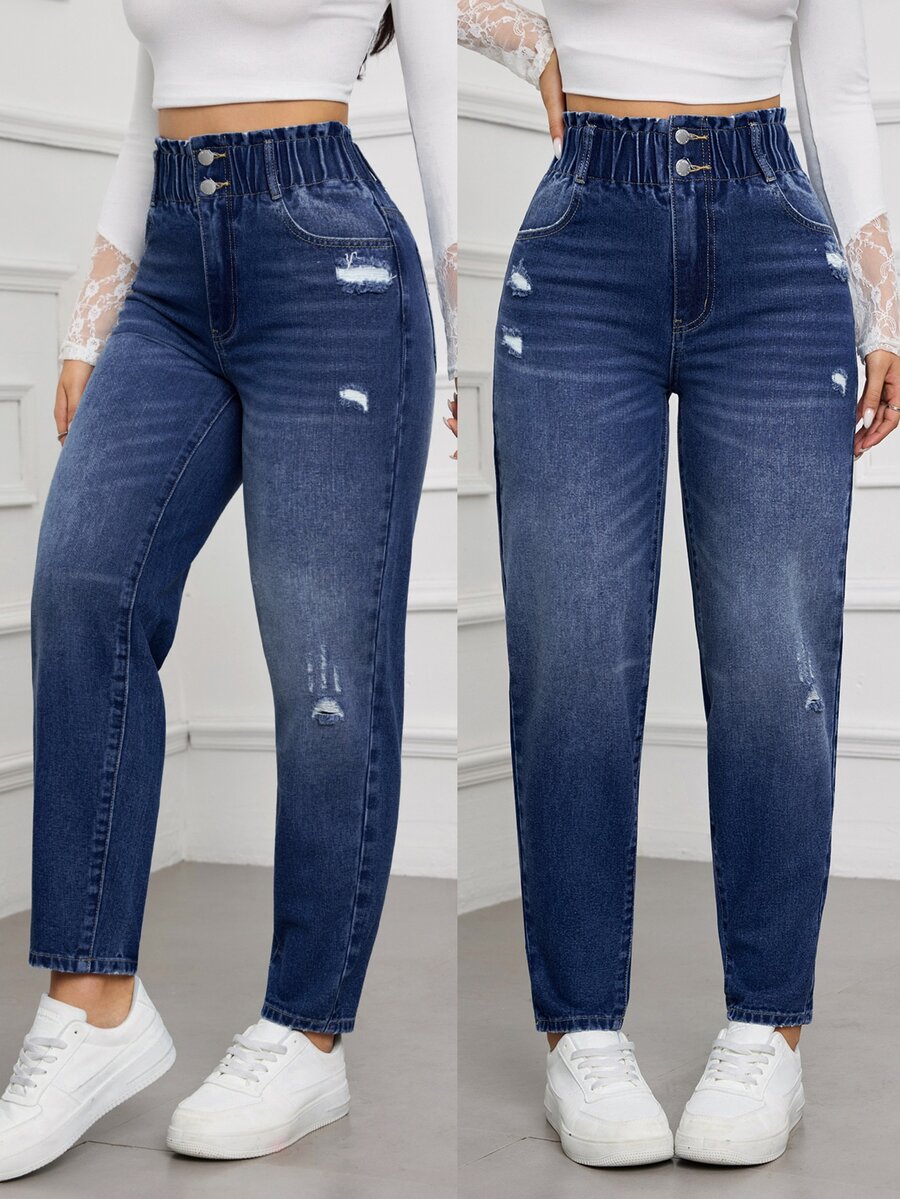 SHEIN Tall 女款時尚鈕扣口袋磨損牛仔褲
