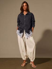Athîral Denim 女款蕾絲拼接牛仔上衣 - 黑色 - 查看 3