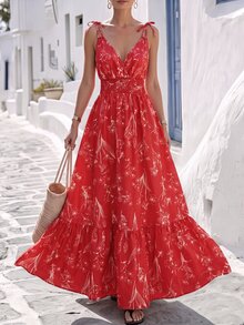 Breezaya Women's Floral Print Shirred Waist Vacation Dress - Red - View 4