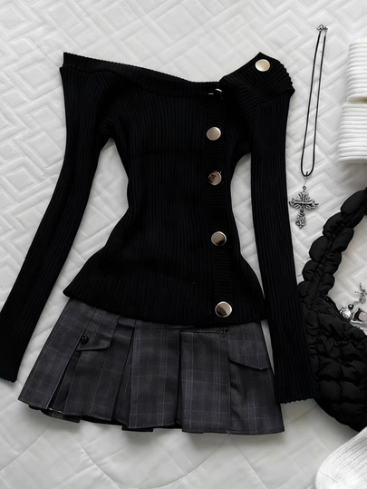 Glimmora Top de moda para mujer de unicolor con diseño de botones y hombros descubiertos de manga larga