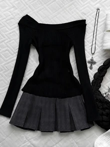 Glimmora Women's Solid Color Button Design Off-Shoulder Long Sleeve Fashion Top - Black - View 2