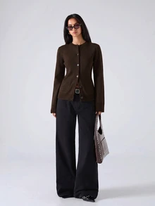 LYSMO Women's Vintage Single-Breasted Long Sleeve Pocket Knit Top - Brown - View 3