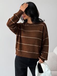 SHEIN 青少年女孩寬鬆休閒極簡舒適條紋套頭毛衣，百搭加厚保暖針織衫，適合秋冬 - 摩卡棕 - 查看 3