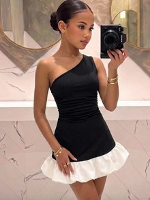 Pitira Tween Girl Tween Girls Elegant Party Black & White Colorblock One Shoulder Puff Hem Mini Dress - Black and White - View 1