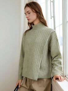 Dazy-Less Women's Green Round Neck Long Sleeve Cable Knit Fitted Ribbed Casual Sweater, Winter - Mist Green - View 3