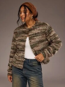 Freevana Plus Size Women's Vintage Striped Long Sleeve Casual Knit Cardigan - Multicolor - View 6