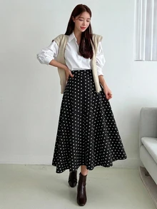 DAZY 女款波點圖案高腰優雅通勤裙 - 黑色 - 查看 5