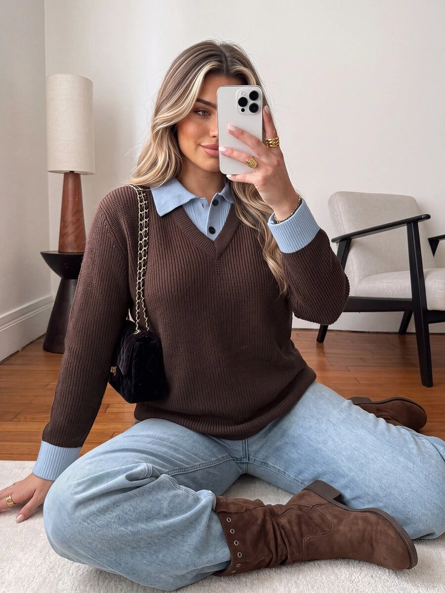 Vionelle ملابس علوية نسائية مقاس كبير بلون القهوة مع تباين في الياقة البولو، تريكو مضلع، تصميم قطعتين وهمي بياقة V وأكمام طويلة مع أساور متباينة - قهوة بني - مشاهدة 1