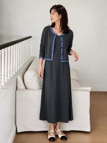 Yumoku Women's Colorblock Long Sleeve Single-Breasted Top And Dress Elegant 2 Pieces Set - Grey - View 5