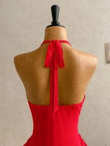 Soleia 女款春夏休閒性感深V領掛脖蝴蝶結抓皺緊身迷你洋裝，適合海灘、郵輪、公路旅行、城市度假 - 紅色 - 查看 6