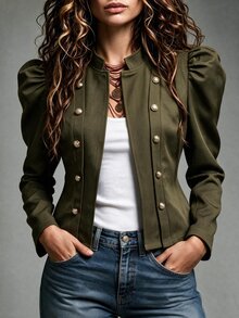 SHEIN Jaket Pendek Wanita Kasual Elegan Musim Gugur/Dingin, Lengan Model Leg-Of-Gigot, Kancing Depan Terbuka, Kerah Tegak - Hijau Tentara - View 1