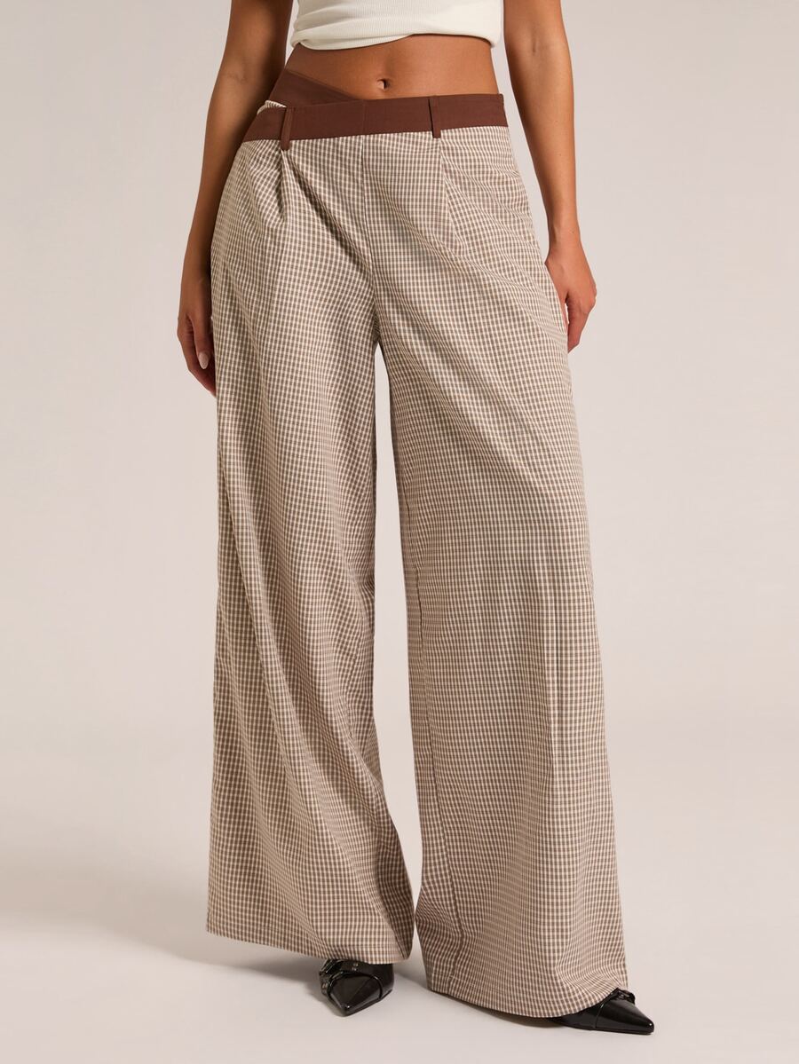 SHEIN BAE Women's Plaid Asymmetric Waist Wide Leg Loose Fit Suit Pants - Multicolor - View 1