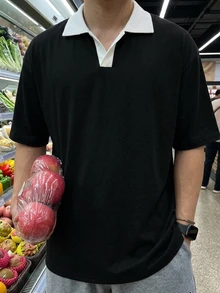 DAZY 男士短袖 Polo 衫 黑白對比色羅紋領通勤 T 恤 - 黑色 - 查看 1