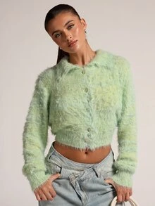 SHEIN BAE New Fashion Hot Girl Style Faux Mink Fur Collar Shell Button Fitted Long Sleeve Cinched Waist Cropped Sweater For Women - Mint Green - View 4