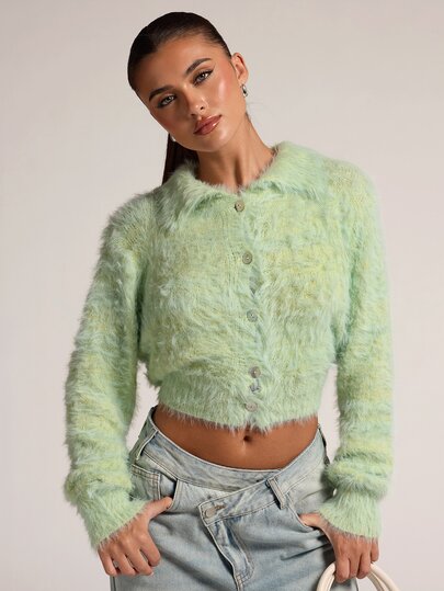 SHEIN BAE New Fashion Hot Girl Style Faux Mink Fur Collar Shell Button Fitted Long Sleeve Cinched Waist Cropped Sweater For Women
