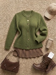 Grovea Plus Size Green Knit Cardigan Women's Round Neck Button Front Long Sleeve Loose Casual Knit Sweater Jacket Top Winter - Green - View 6