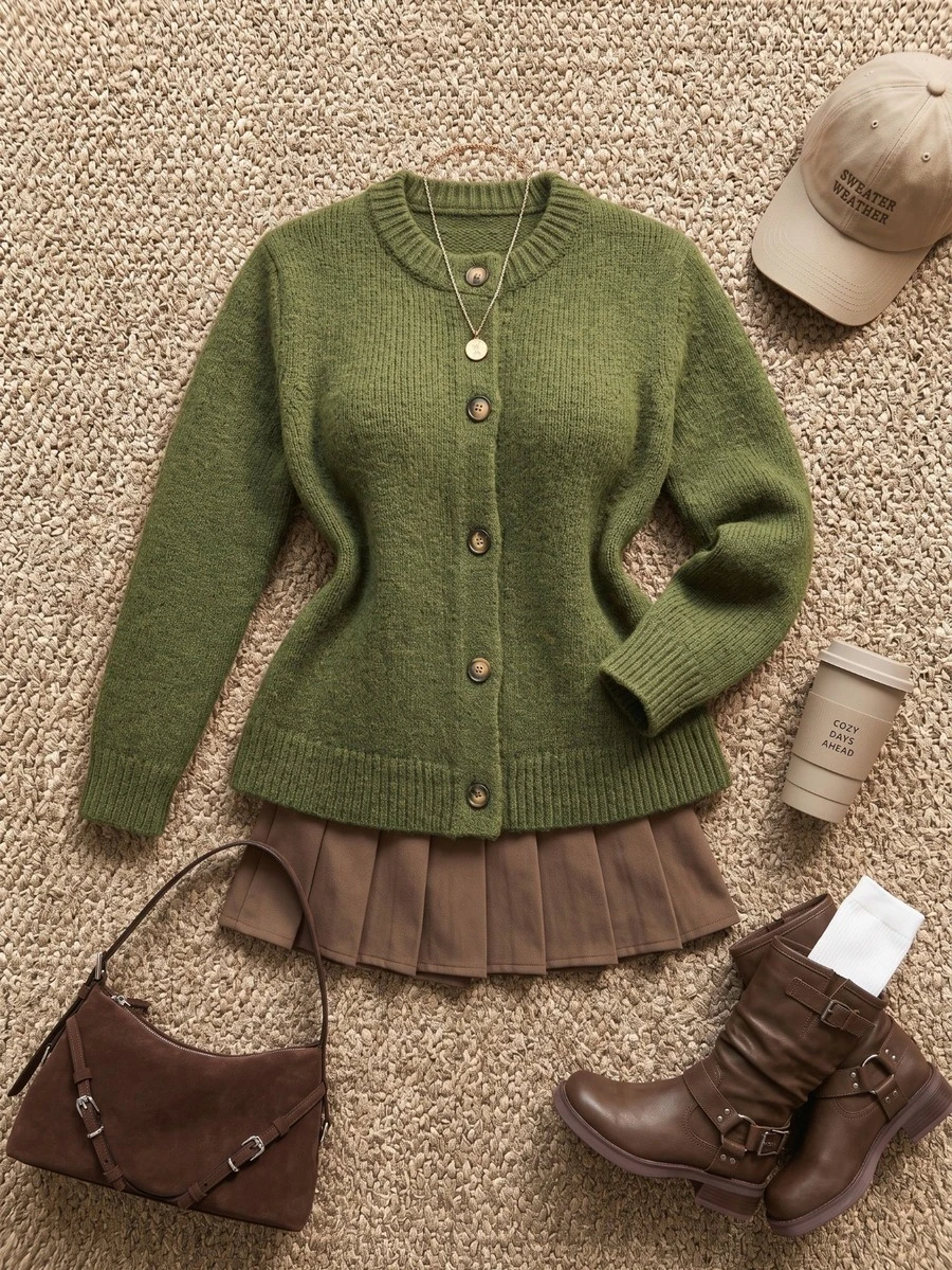 Grovea Plus Size Green Knit Cardigan Women's Round Neck Button Front Long Sleeve Loose Casual Knit Sweater Jacket Top Winter - Green - View 1