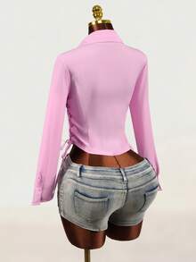 Mistrie Women's Fashion Button Cinched Waist Long Sleeve Shirt - Pink - View 2