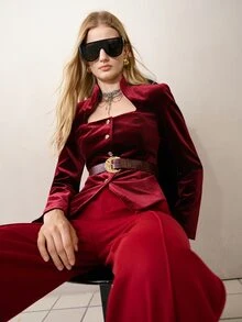 MOTF PREMIUM STAND COLLAR VELVET WIDE SHOULDER METAL BUTTON DECOR BELT ASYMMETRIC COLLAR JACKET - Burgundy - View 7