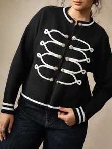 Nubod Fashion Retro Gold Button Black & White Contrast Knit Cardigan Plus Size Winter - Black - View 7