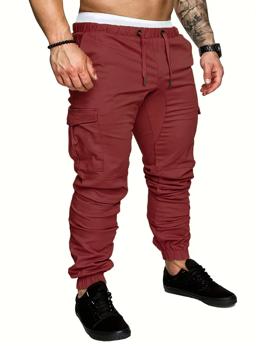 Manfinity Roughcore Men's Casual Drawstring Waist Pocket Cargo Pants - Burgundy - View 1