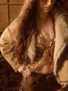 MOTF STUDIO WOMEN'S VINTAGE BUTTON POCKET LONG SLEEVE FAUX FUR COAT - Mocha Brown - View 5