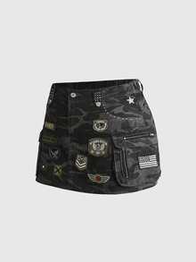 ROMWE Grunge Punk Rok Denim Wanita Vintage Ukuran Besar Motif Kamuflase Gaya Militer dengan Kantong Kargo - Hitam - View 2