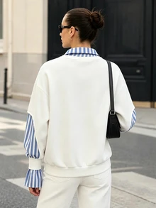 Franclia 2pcs Faux Shirt Collar Contrast Color Striped Casual Women's Sweatshirt - White - View 3