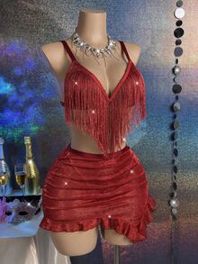MidnightGlam Sexy Premium Stage Shiny Tassel Lingerie Set (Wireless Bra + Thong + Mini Skirt) 3-Piece - Burgundy - View 4