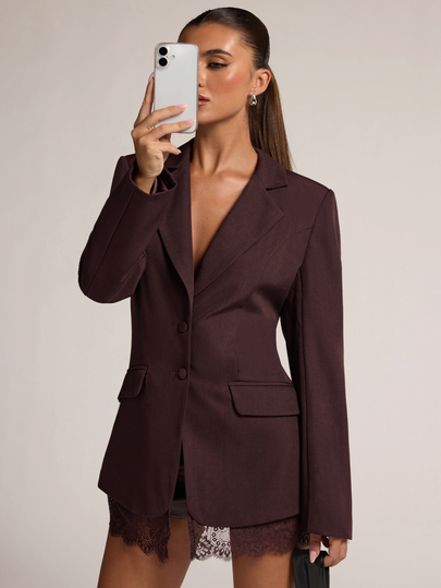 SHEIN BAE Women's Autumn/Winter Contrast Lace Sexy Red-Brown Blazer Dress, Sexy Outfit, Commute Outfit, Social Gathering Outfit
