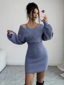 SHEIN Elenzya Women's Solid Color 2 In 1 Patchwork Casual Daily Knit Dress - Dusty Blue - View 1