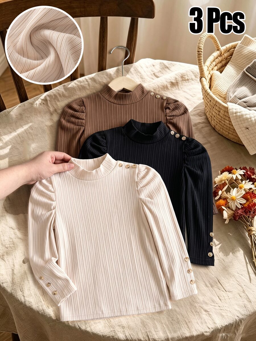 Genkimix Kids 3pcs Girls Toddler High Neck Ribbed Knit T-Shirts, Decorative Button Soft Tops - Multicolor - View 1