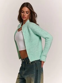 SHEIN BAE كارديجان نسائي كاجوال بسحاب أمامي، خريف/شتاء، أسلوب العقد الأول من القرن الحادي والعشرين - أخضر - مشاهدة 6