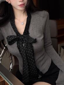 DAZY Grey V-Neck Polka Dot Tie Bow Frill Trim Long Sleeve Slim Fit Women's Knit Sweater, Versatile For Daily Wear Fall - Grey - View 4