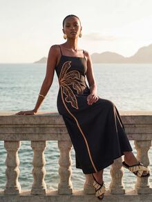 CAJUNI Chic Vacation Palm Tree Embroidery Midi Dress - Black - View 3