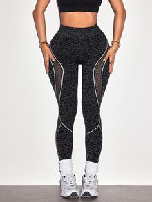 Slayform 1pc Regular Waist/Hip Lift/Leopard Print/Hollow Out/Contrast Color Design/Basic Style/Sports Leggings+Fitness/Yoga - Multicolor - View 6