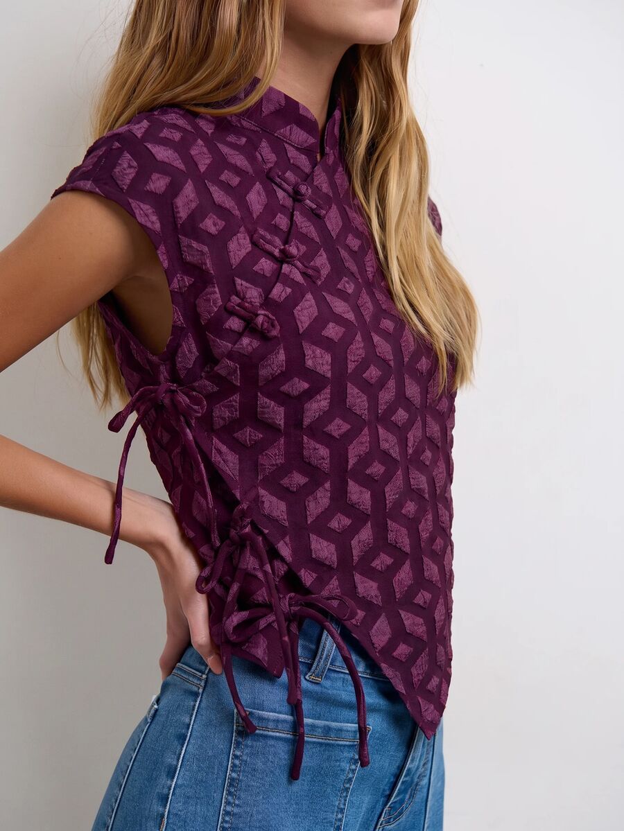 Nöista Atasan Lengan Pendek Asimetris Motif Geometris. Musim Panas, Gugur, Gaya Kasual Chic, Jalan-jalan, Pesta. - Purple - View 1