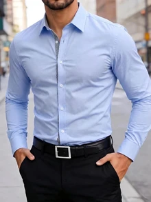Manfinity Mode 男士成熟休閒淺色拼接長袖襯衫 - 藍色 - 查看 4