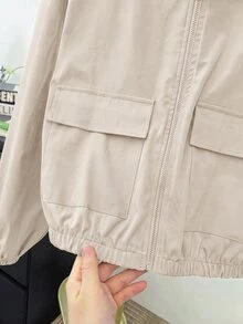 SHEIN 青少年女孩編織素色貼袋短版寬鬆休閒連帽外套，秋冬款，度假風 - 杏色 - 查看 3