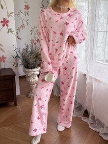 CottageSlumber Floral Bow Print Flannel Soft & Cozy Long Sleeve Pants Pajama Set - Pink - View 4