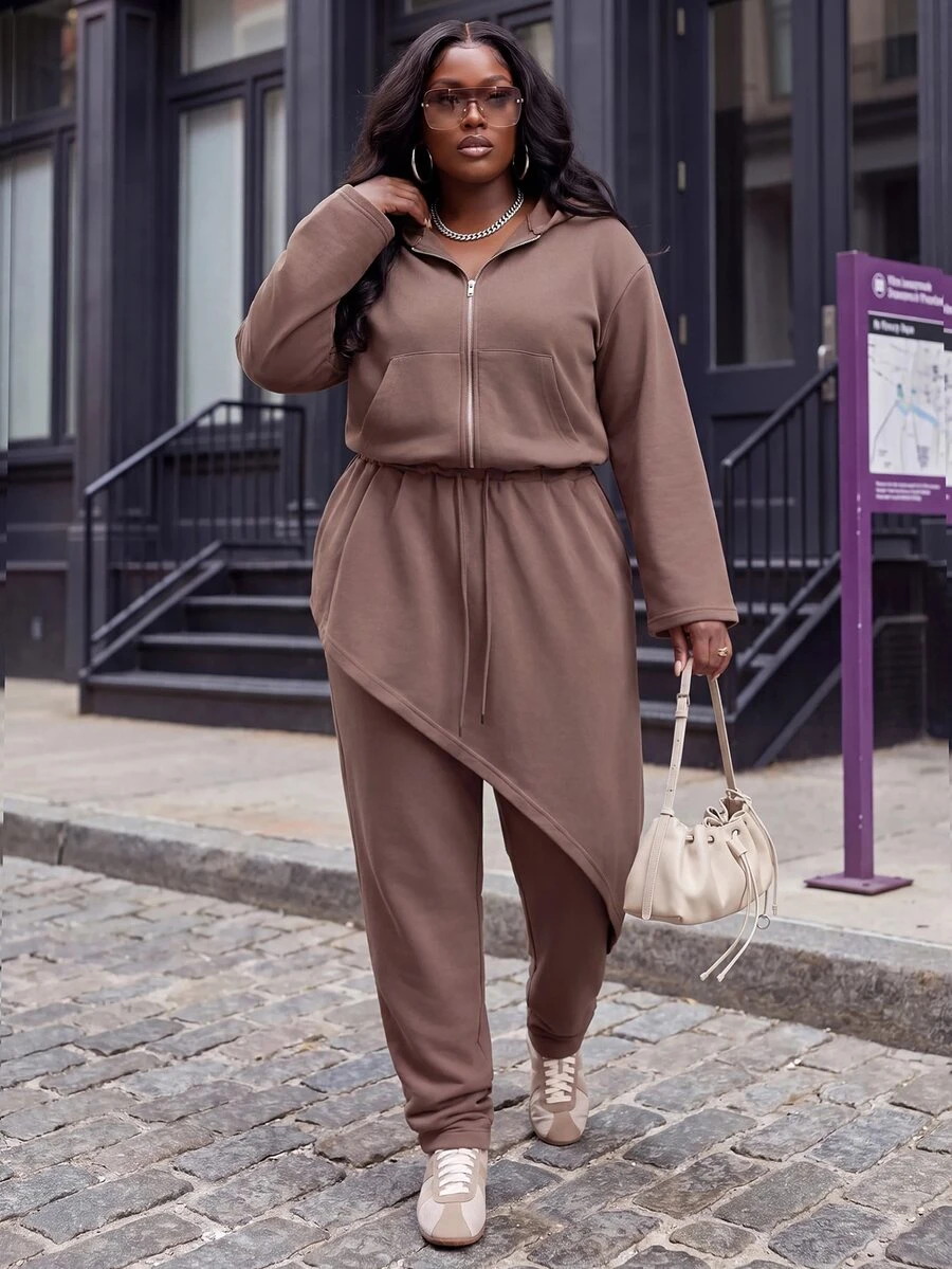 Slaydiva Autumn/Winter Brown Hooded Cardigan & Asymmetrical Hem Jogger Pants 2 Pieces Set Plus Size Fall