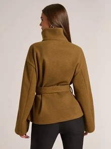 SHEIN BAE Mantel Panjang Bergaya Vintage dengan Kerah Besar dan Sabuk Elegan - Olive Green - View 2