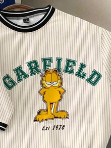 GARFIELD | SHEIN Manfinity Joysei Men's Plus Size Striped Cartoon Print Short Sleeve T-Shirt - Apricot - View 2