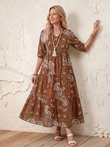 Faunlyn 女款春夏休閒中長洋裝，小V領、中袖、拼色拼接設計 - 鏽棕色 - 查看 1