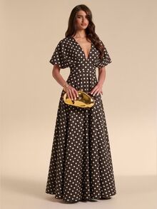 SHEIN BAE 秋冬棕色白色波點深V領泡泡袖高腰A字裙法式復古風洋裝 - 棕色 - 查看 6