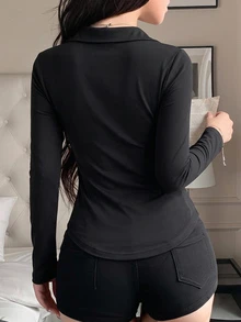 Joudiya 秋季女款黑色 Polo 衫，短袖，翻領，休閒運動內搭層，長袖 T 恤 - 黑色 - 查看 2