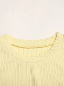 SHEIN Tween女孩黃粉色長袖短版背心上衣 + 對比腰帶運動長褲 2件套 - 粉色 - 查看 4