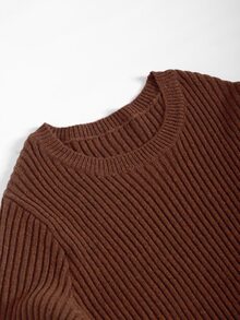 GlowEve CURVE Plus Size Vintage Brown Ribbed Crew Neck Metal Button Twist Knot Pullover Sweater - Brown - View 7